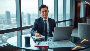 Business traveler engaged in 출장 planning at a modern office desk.
