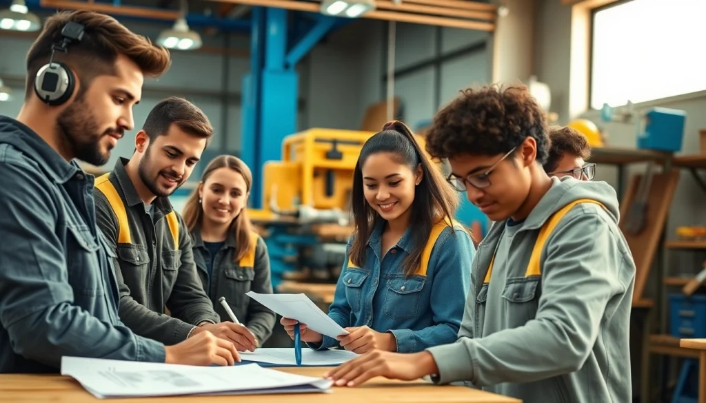 Hands-on learning at trade schools in Southern California with diverse students in a vibrant workshop.