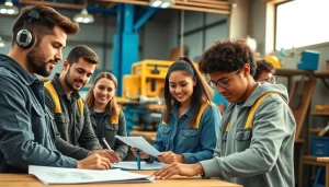 Hands-on learning at trade schools in Southern California with diverse students in a vibrant workshop.