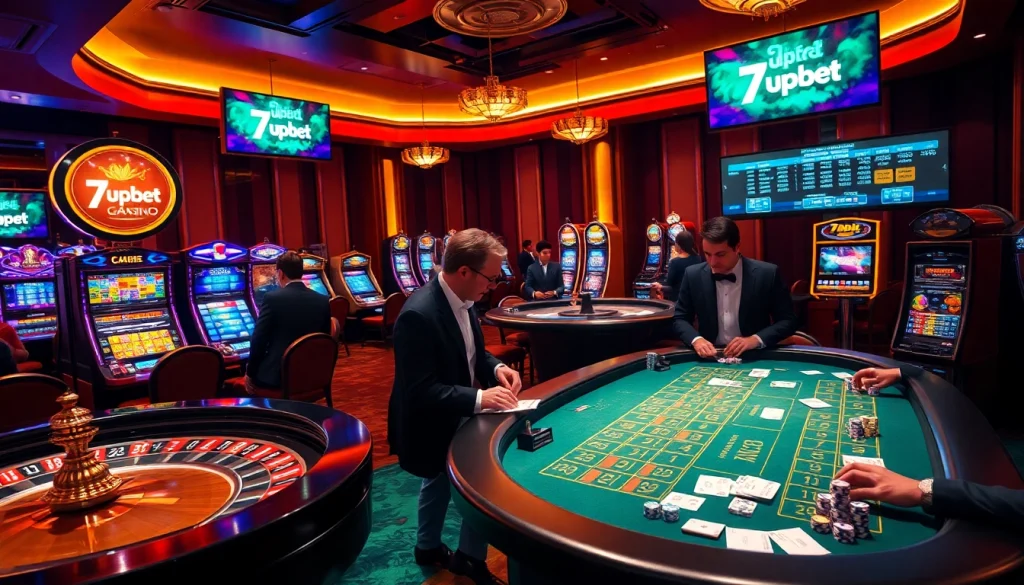 7upbet offers an exciting casino atmosphere with players at a poker table and roulette wheel.