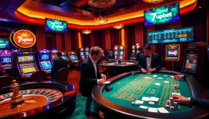 7upbet offers an exciting casino atmosphere with players at a poker table and roulette wheel.