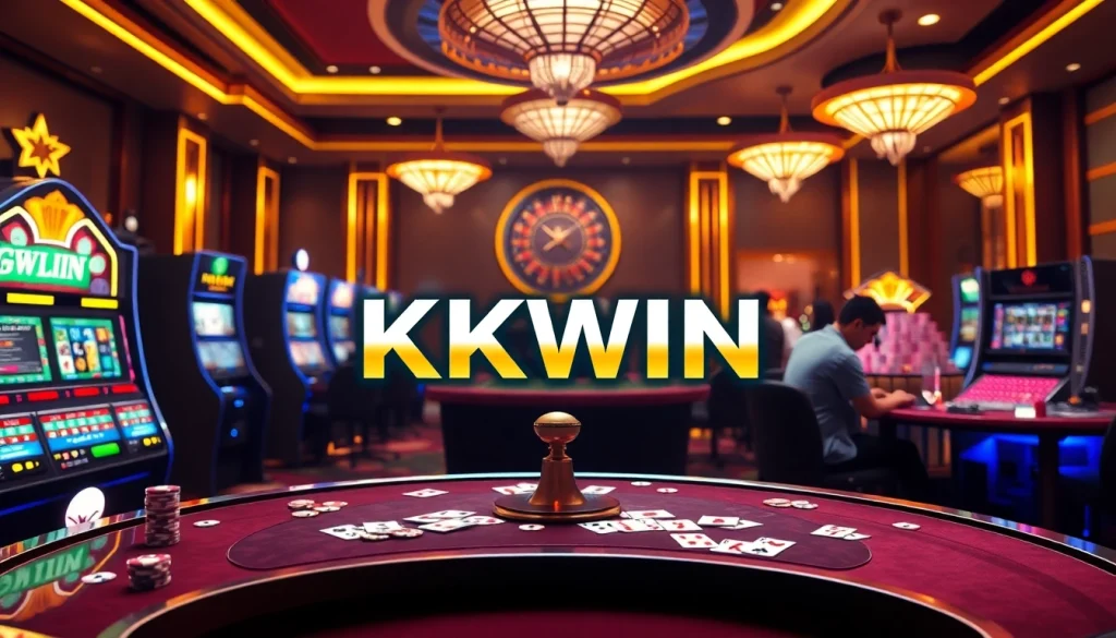 Kkwin logo displayed on an elegant casino table with poker chips and slot machines in an exciting atmosphere.