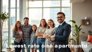 Showcase of Lowest rate guaranteed for cheap apartments highlighting urban family living environment.