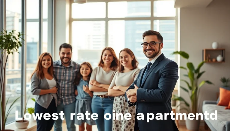 Showcase of Lowest rate guaranteed for cheap apartments highlighting urban family living environment.