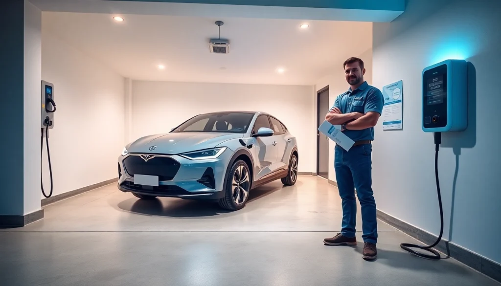 EV charger installation estimate showcased in a home garage with an electrician demonstrating the process.