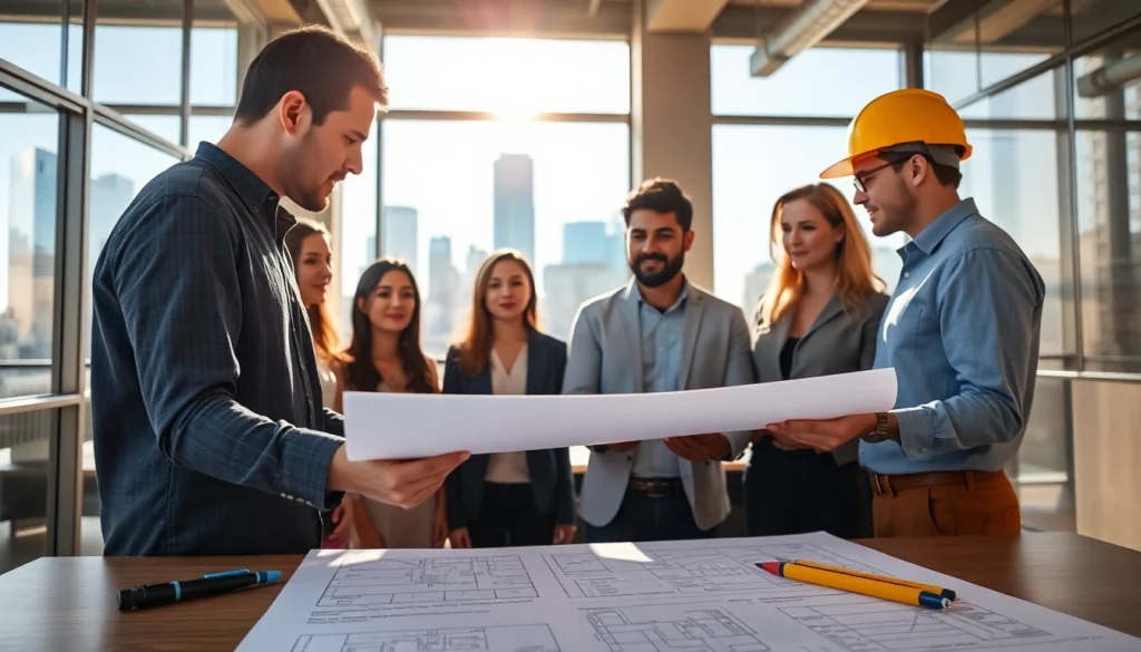 Engaged members of the construction association Denver review blueprints in a modern office.
