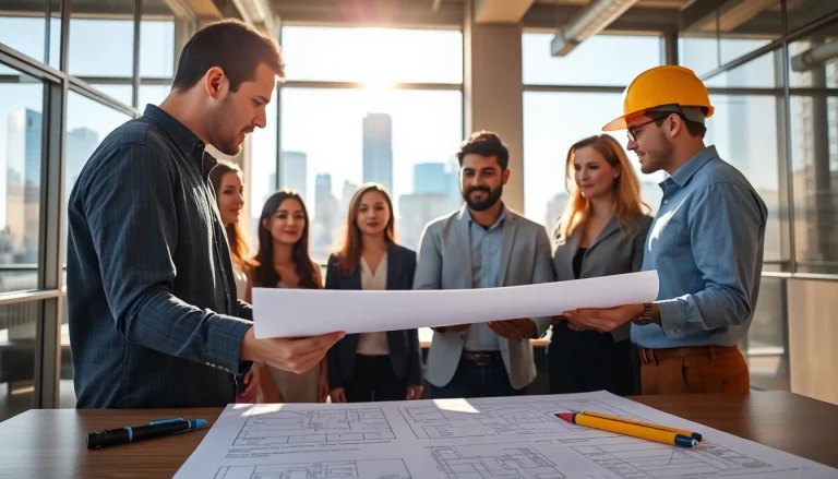 Engaged members of the construction association Denver review blueprints in a modern office.