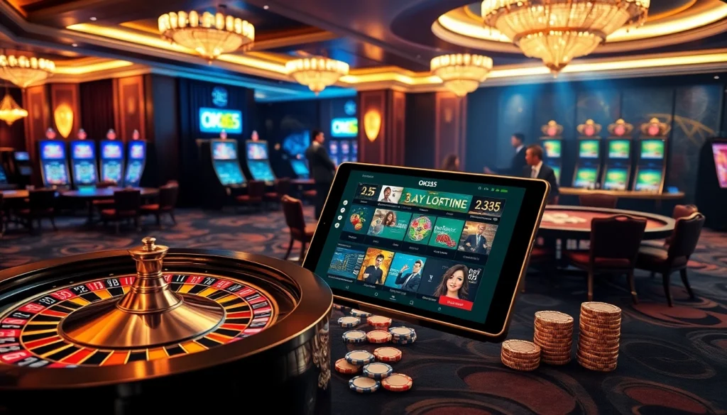 An exciting scene of players engaging with various casino games at OK365, showcasing online gambling enthusiasm.