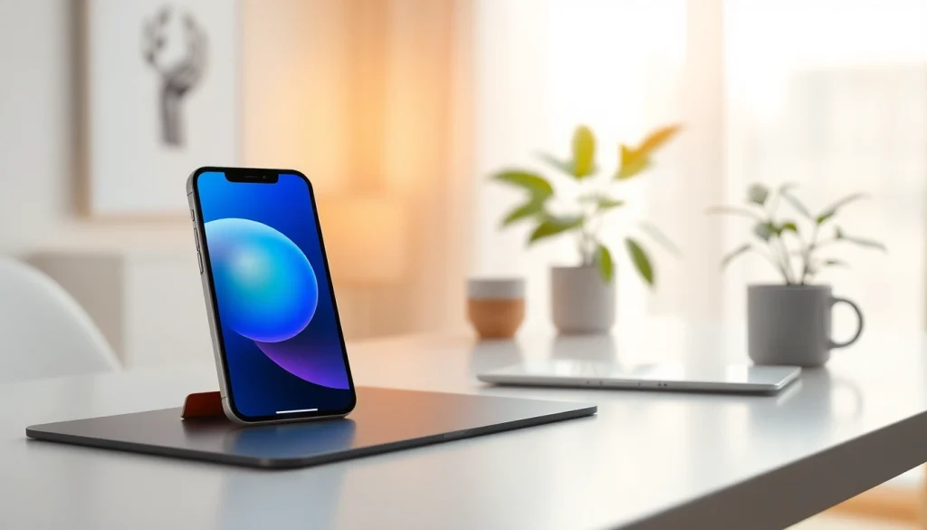 Vista del iPhone 15 Plus exhibido en un moderno escritorio, enfatizando su elegante diseño.