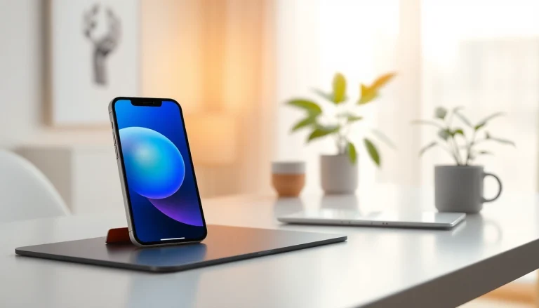 Vista del iPhone 15 Plus exhibido en un moderno escritorio, enfatizando su elegante diseño.