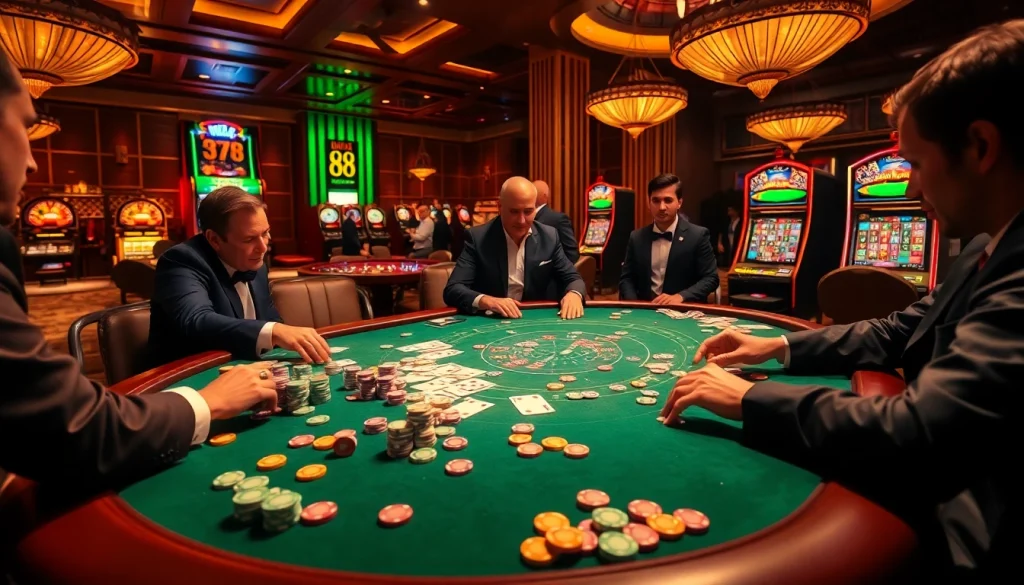 Engage in thrilling poker action at mm 88, surrounded by vibrant casino lights and luxurious decor.