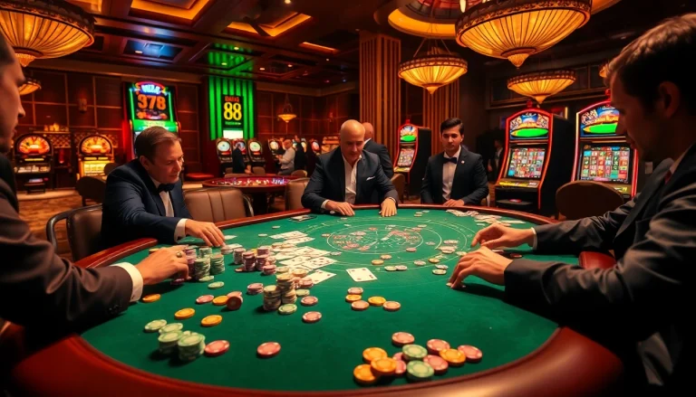 Engage in thrilling poker action at mm 88, surrounded by vibrant casino lights and luxurious decor.