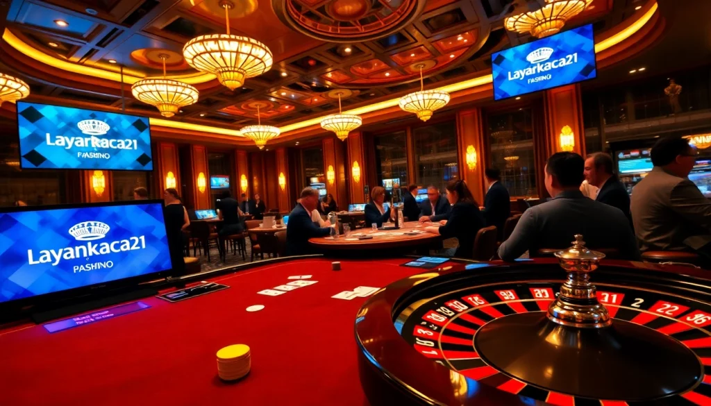 Players enjoying poker in a luxury casino while engaging with layarkaca21 digital content.