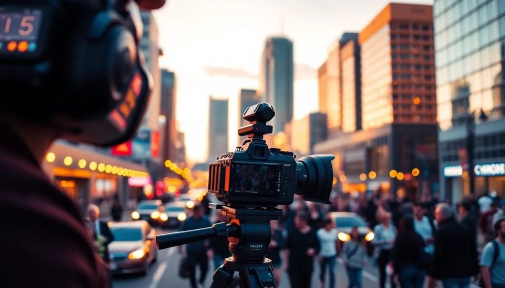 Calgary videographer capturing cityscapes with a professional camera on tripod.