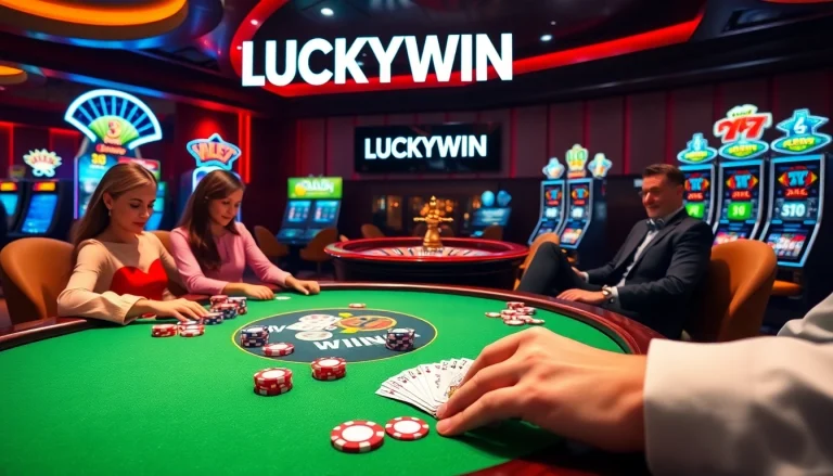 LUCKYWIN elevates the thrill at a luxurious casino poker table filled with colorful chips.
