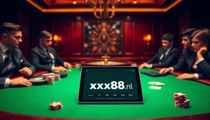Engage in thrilling poker action at https://xx88.nl/ with luxurious tables, vibrant chips, and digital betting interfaces.