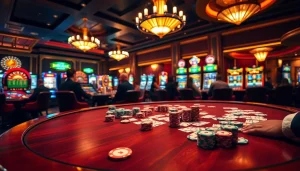 Experience the thrill of BDTK666 at a vibrant casino with poker tables and roulette wheels.