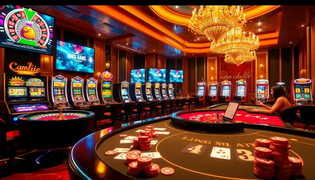 Engaging casino scene showcasing online gambling opportunities with רמי אונליין and vibrant gaming elements.