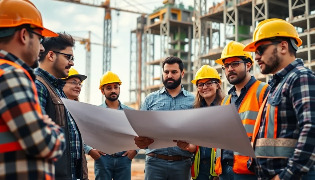 Construction association North Carolina teams discussing project plans on site with modern equipment and collaboration.