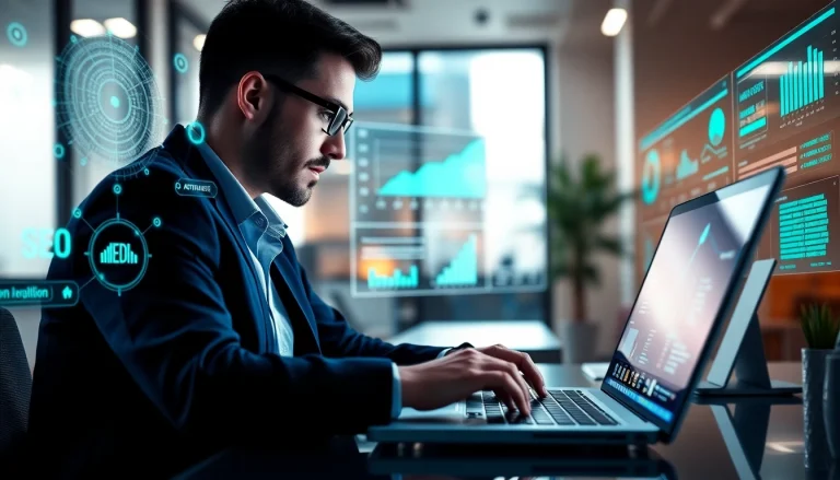 SEO Agentur mit KI analysiert Daten auf einem Laptop und nutzt KI für Optimierung.