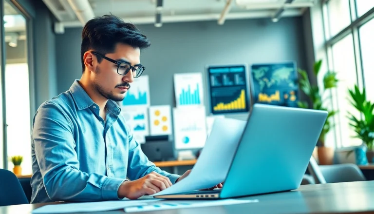 Marketing Consultant engaged in strategic analysis in a bright office environment.