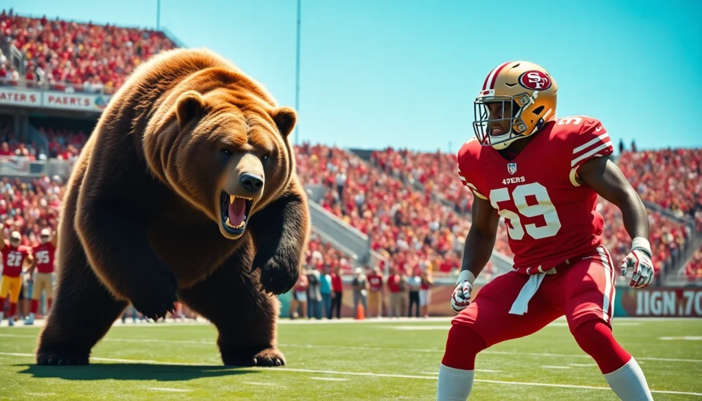 Bears vs 49ers football players face off on a vibrant field with cheering crowd.