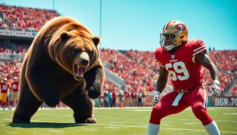 Bears vs 49ers football players face off on a vibrant field with cheering crowd.