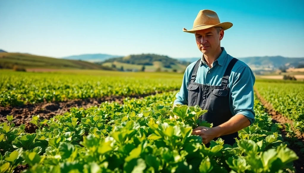 Farmer observing healthy crops under agricultural law in a vibrant field.