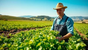 Farmer observing healthy crops under agricultural law in a vibrant field.