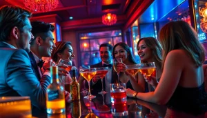 在高档酒吧讨论明星八卦的时尚年轻人场景，展现出丰富的色彩和生动的表情。