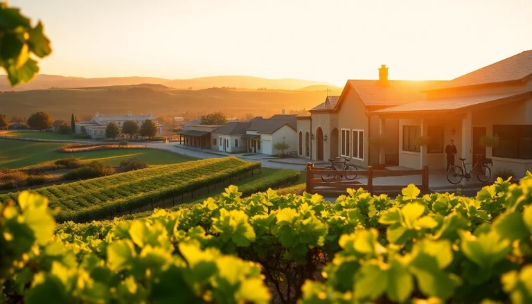 Stunning landscape of Clarksburg, CA, with vineyards and historic buildings illuminated by golden hour light.