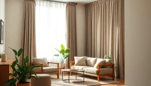 Verduisterende gordijnen in een stijlvolle woonkamer creëren een gezellige, ontspannen sfeer.