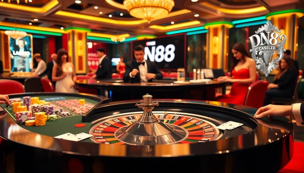Players engaging at a DN88 roulette table, showcasing excitement and luxury in a casino environment.