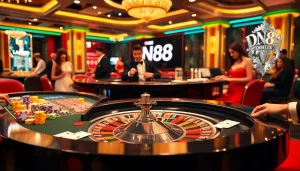 Players engaging at a DN88 roulette table, showcasing excitement and luxury in a casino environment.