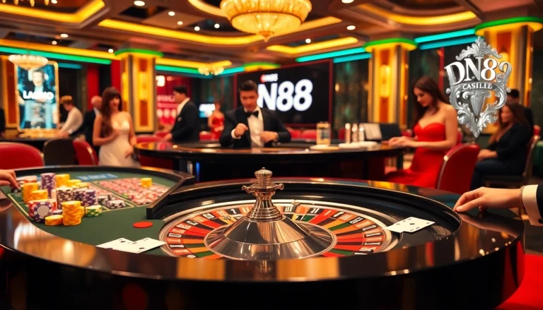 Players engaging at a DN88 roulette table, showcasing excitement and luxury in a casino environment.