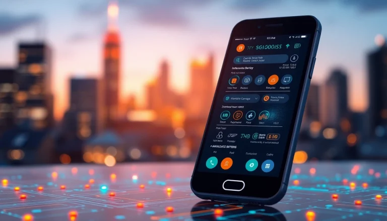 Discover features of https://m.check-rates.com with a modern app interface in a vibrant cityscape.