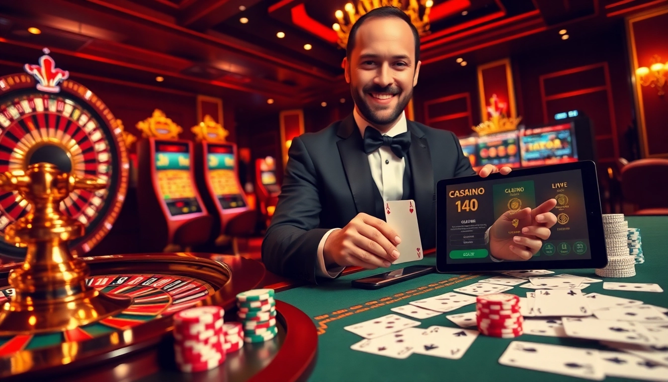 Scène excitante de casino en ligne avec une roue de roulette, des machines à sous et un croupier professionnel.