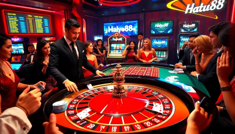 Excited players engaging in high-stakes roulette at Hay88 Casino, showcasing luxury casino ambiance.