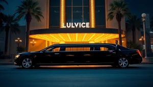 Luxurious Los Angeles Limo parked outside a glamorous venue with a professional chauffeur.