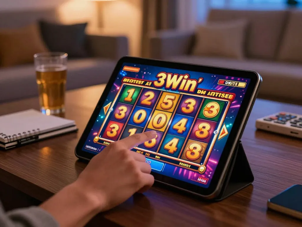 Engaged player experiencing the excitement of 3Win's online slot game on a tablet in a cozy home setting