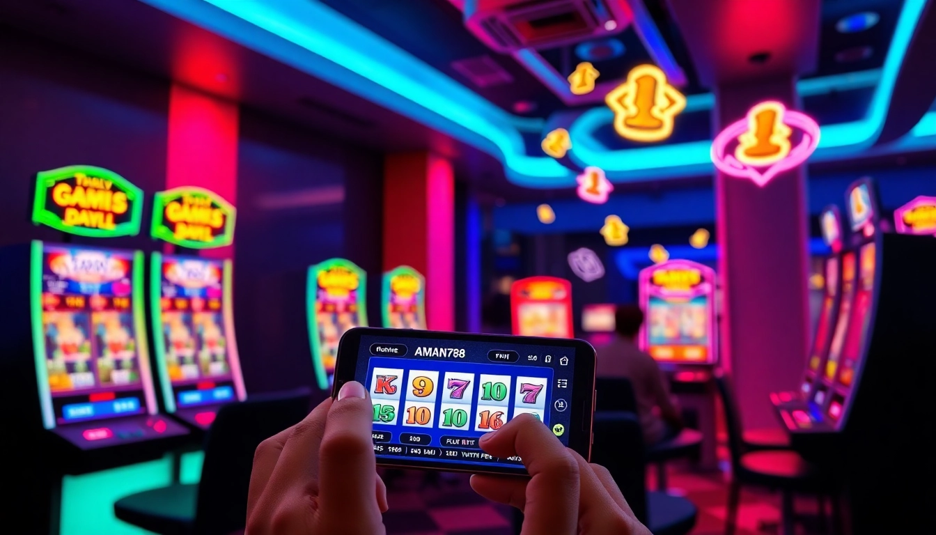 Exciting AMAN788 online gaming scene featuring vibrant slot machines and joyful player interactions.