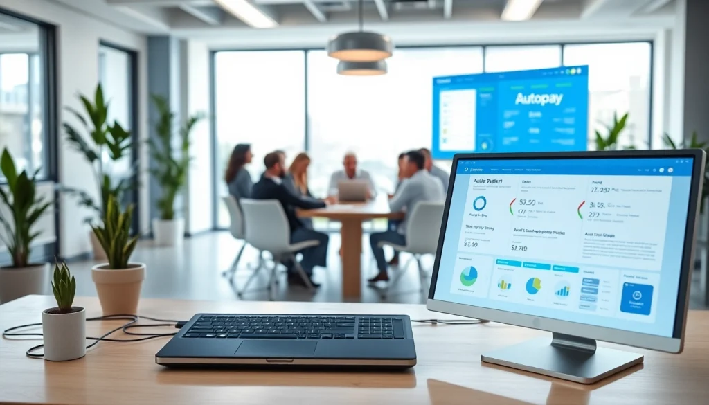 Visualize an autopay system interface in a sleek, modern office setup highlighting efficiency.