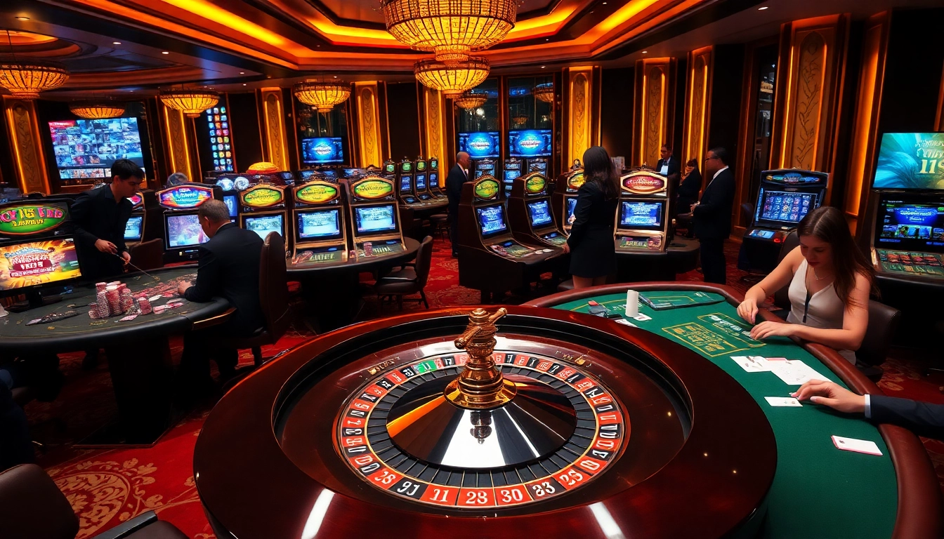 Exciting gaming action at U888 casino showcasing vibrant slot machines and a roulette wheel.