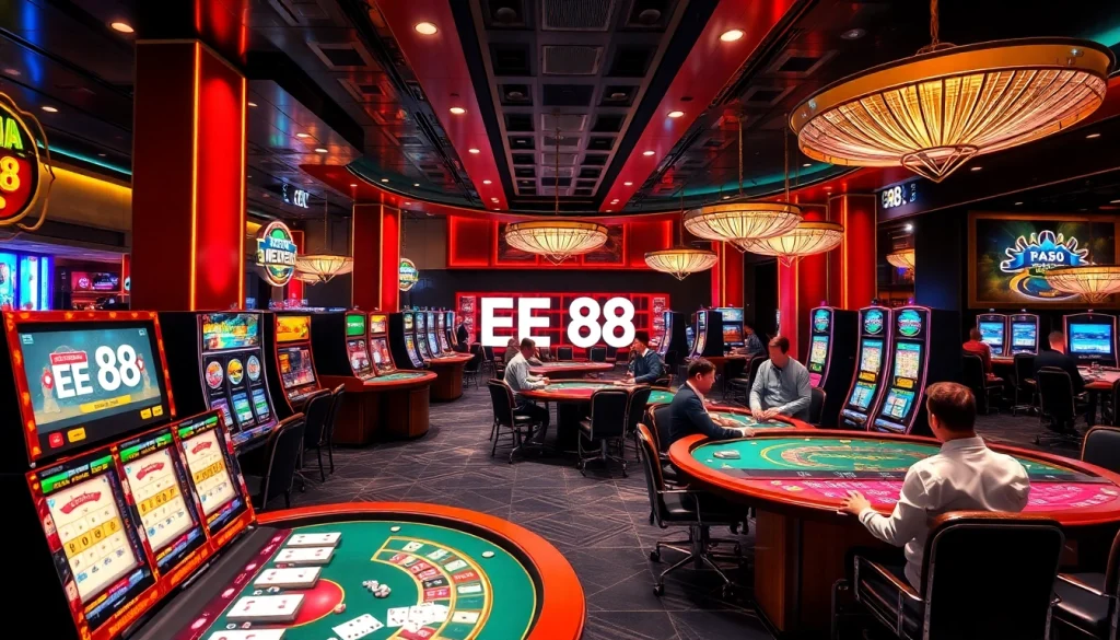 Experience the thrills of EE 88 with a vibrant casino scene featuring engaging table games and slot machines.