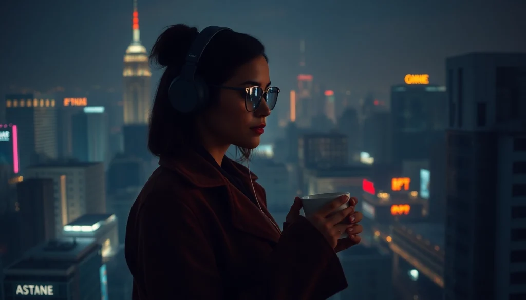 Image to prompt generation showcasing a thoughtful woman in a cityscape at night.