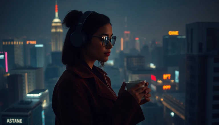 Image to prompt generation showcasing a thoughtful woman in a cityscape at night.