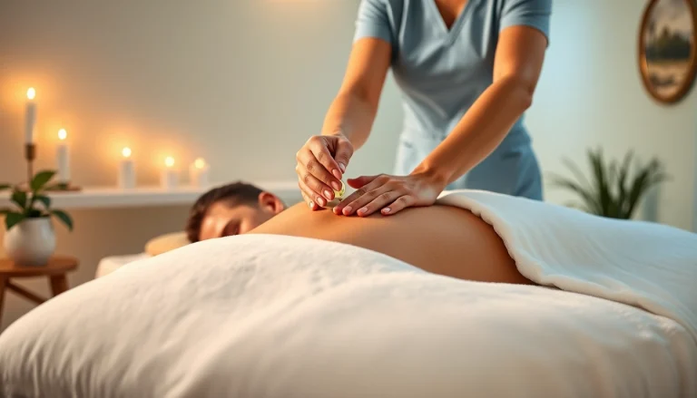 편안한 스파 룸에서 치료사가 진정 효과가 있는 오일을 사용하는 마사지 요법