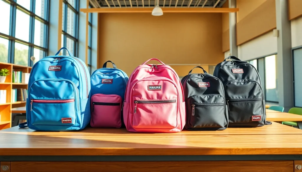 明るい学習環境で展示されている Hakura バックパック。品質とユーザーレビューを強調。