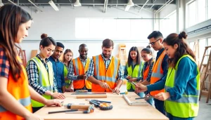 Students participating in construction classes engaged with tools and equipment in a workshop.