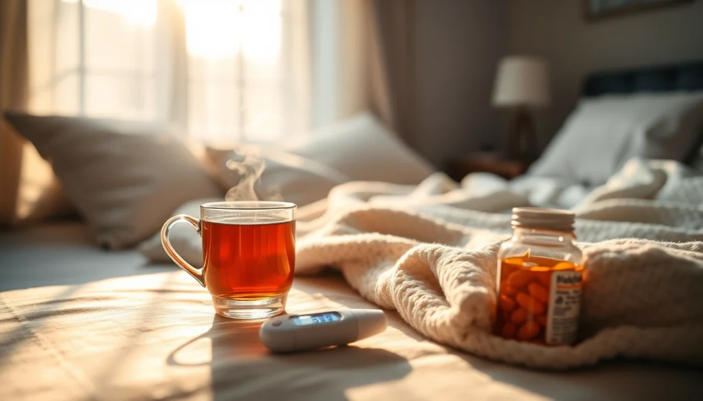 暖かな照明とハーブティーを用いた、風邪を一晩で治す方法を示す心地よい寝室の風景。